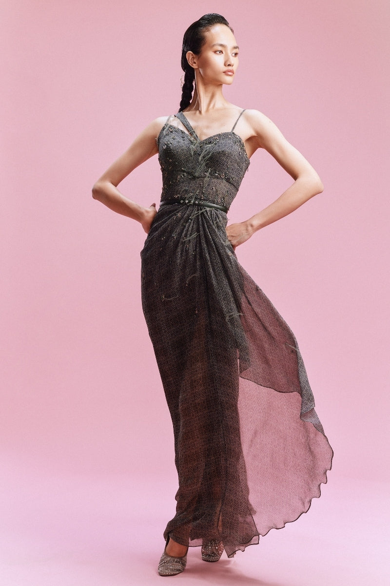 "Clarette" Geometric Print Chiffon Draped Gown