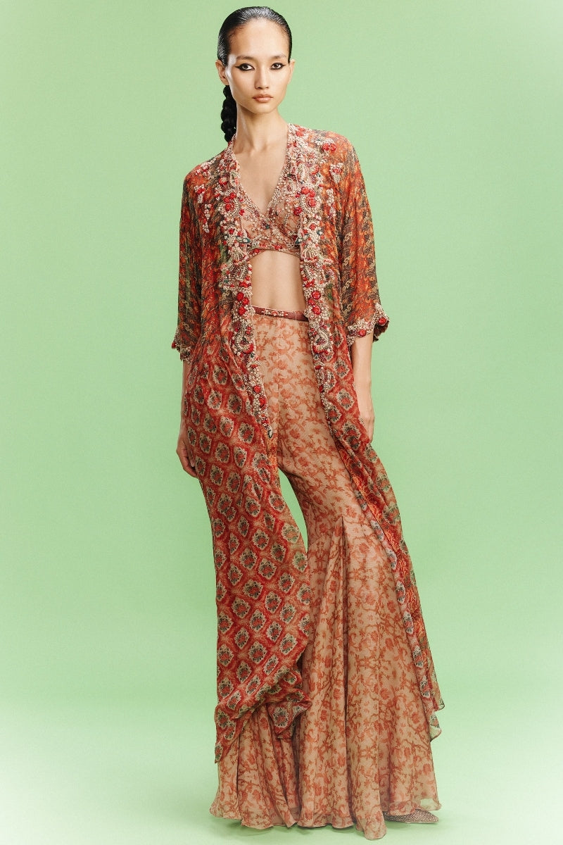 "Mellow Poetry" Chiffon Ditsy Printed Sharara-Bustier with a Cape