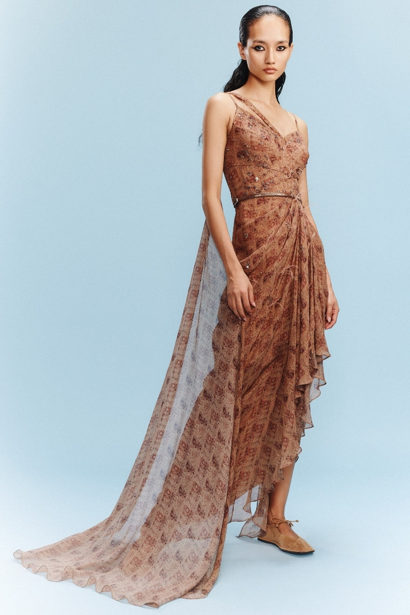 "Chloe" Chiffon Printed Draped Gown