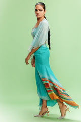 "Rana" Chiffon Brush stroke Printed Skirt- Bustier with a Cape