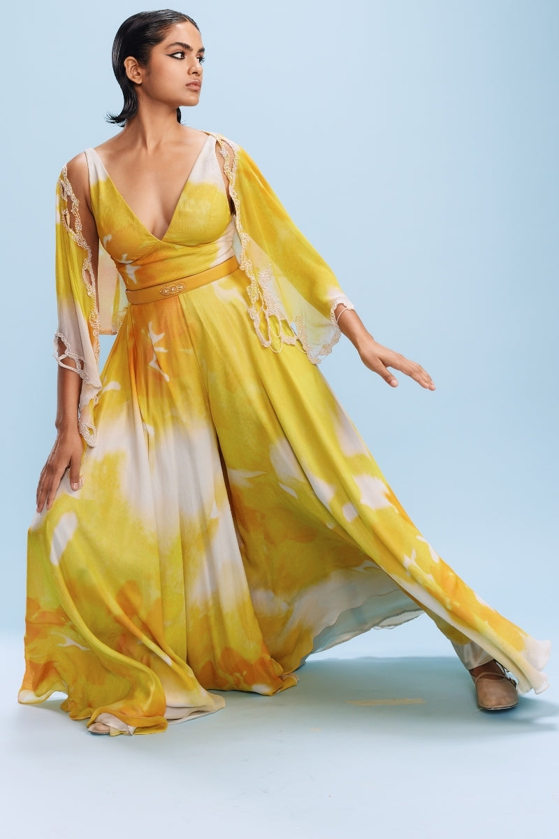 "Ruya" Chiffon Water colored Jumpsuit with a Cape