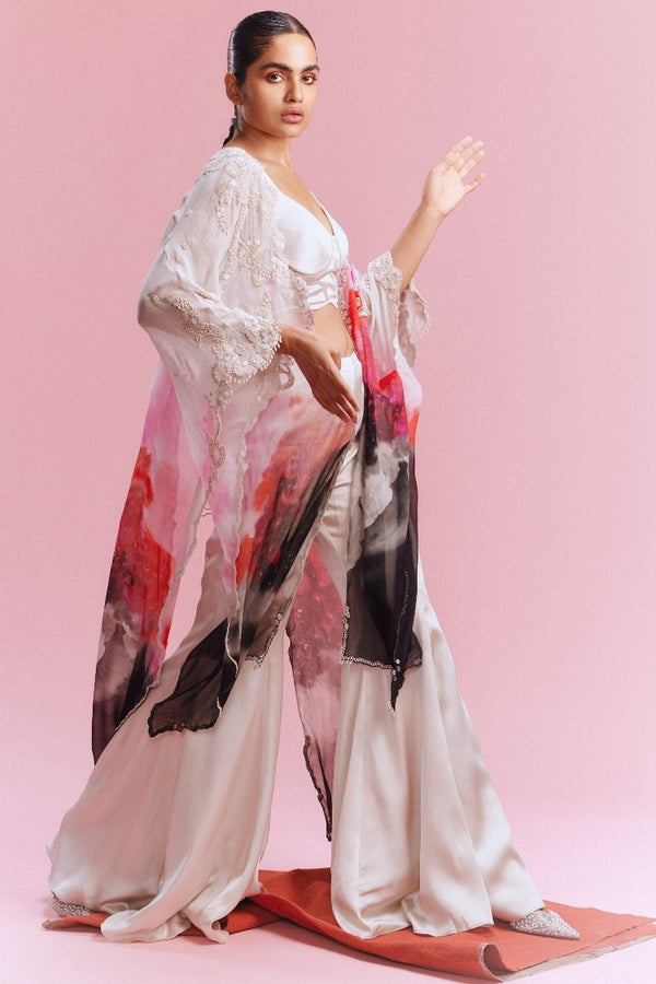 "Amaya" Chiffon Watercolored Cape with Satin Pants and a Bustier