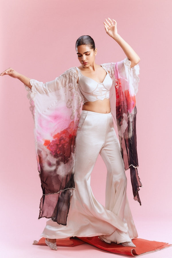 "Amaya" Chiffon Watercolored Cape with Satin Pants and a Bustier