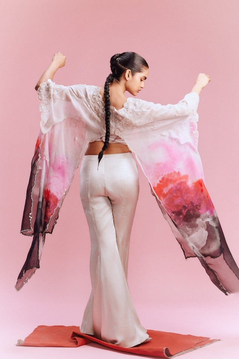 "Amaya" Chiffon Watercolored Cape with Satin Pants and a Bustier