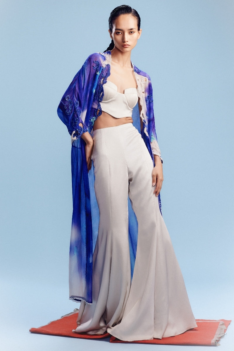 "Tara" Chiffon Watercolored Cape with Satin Pants-Corset