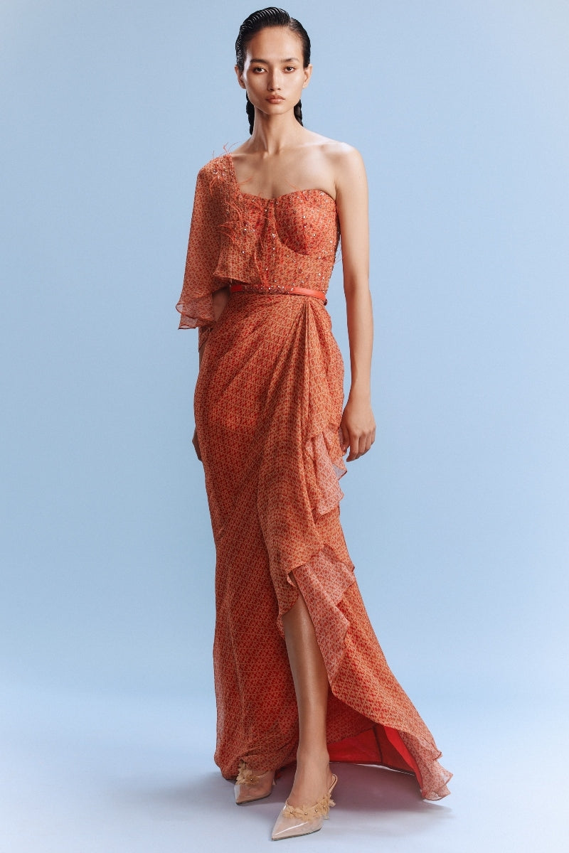 "Keeva" Chiffon Printed Draped Gown