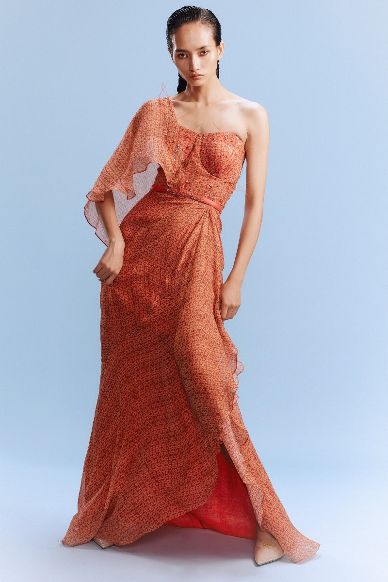 "Keeva" Chiffon Printed Draped Gown