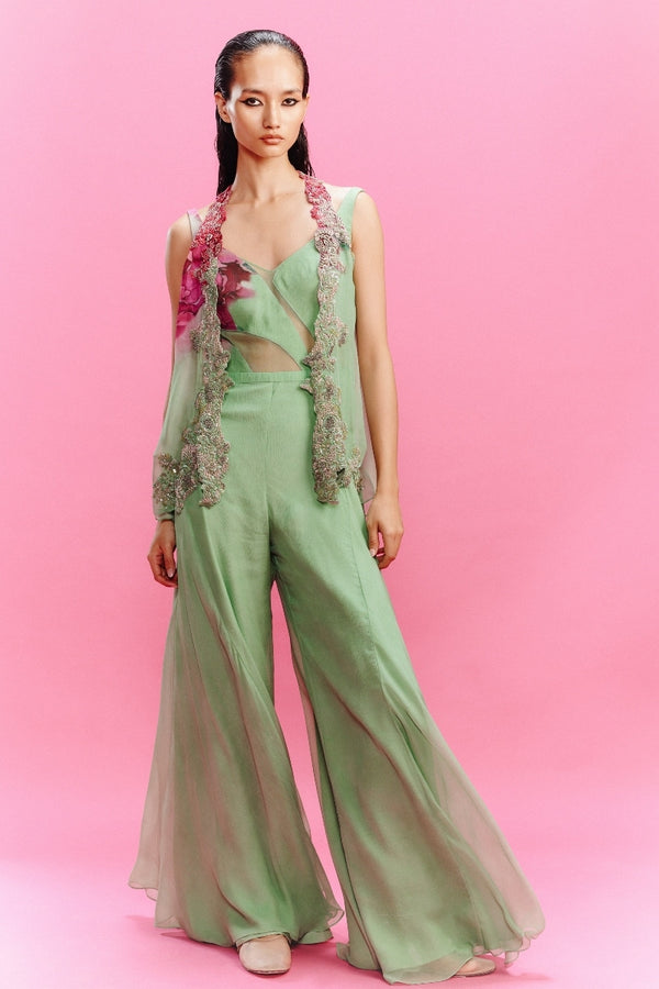 "Elara" Chiffon Watercolor Flower Jumpsuit with a Shrug