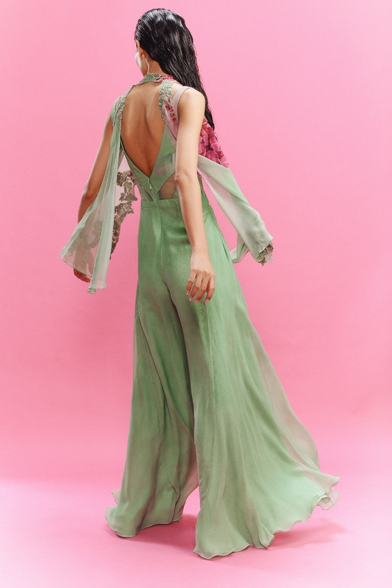 "Elara" Chiffon Watercolor Flower Jumpsuit with a Shrug