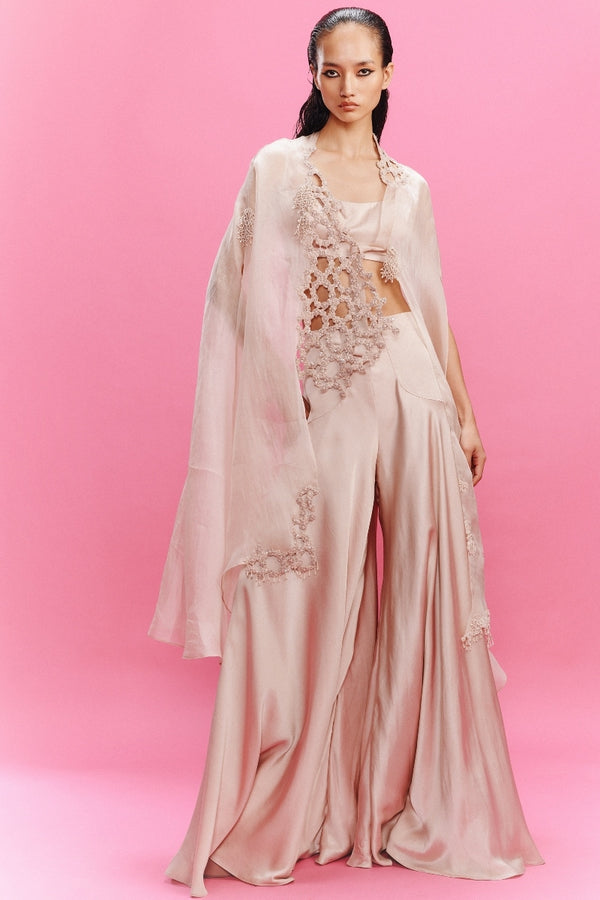 "Elora" Satin Draped Pants with Bustier and an Organza Cape