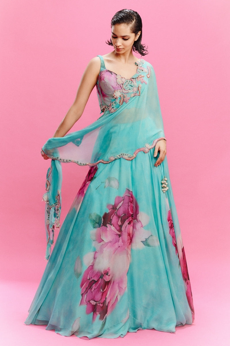 "Zaira" Chiffon Floral Lehenga with a Blouse and Dupatta