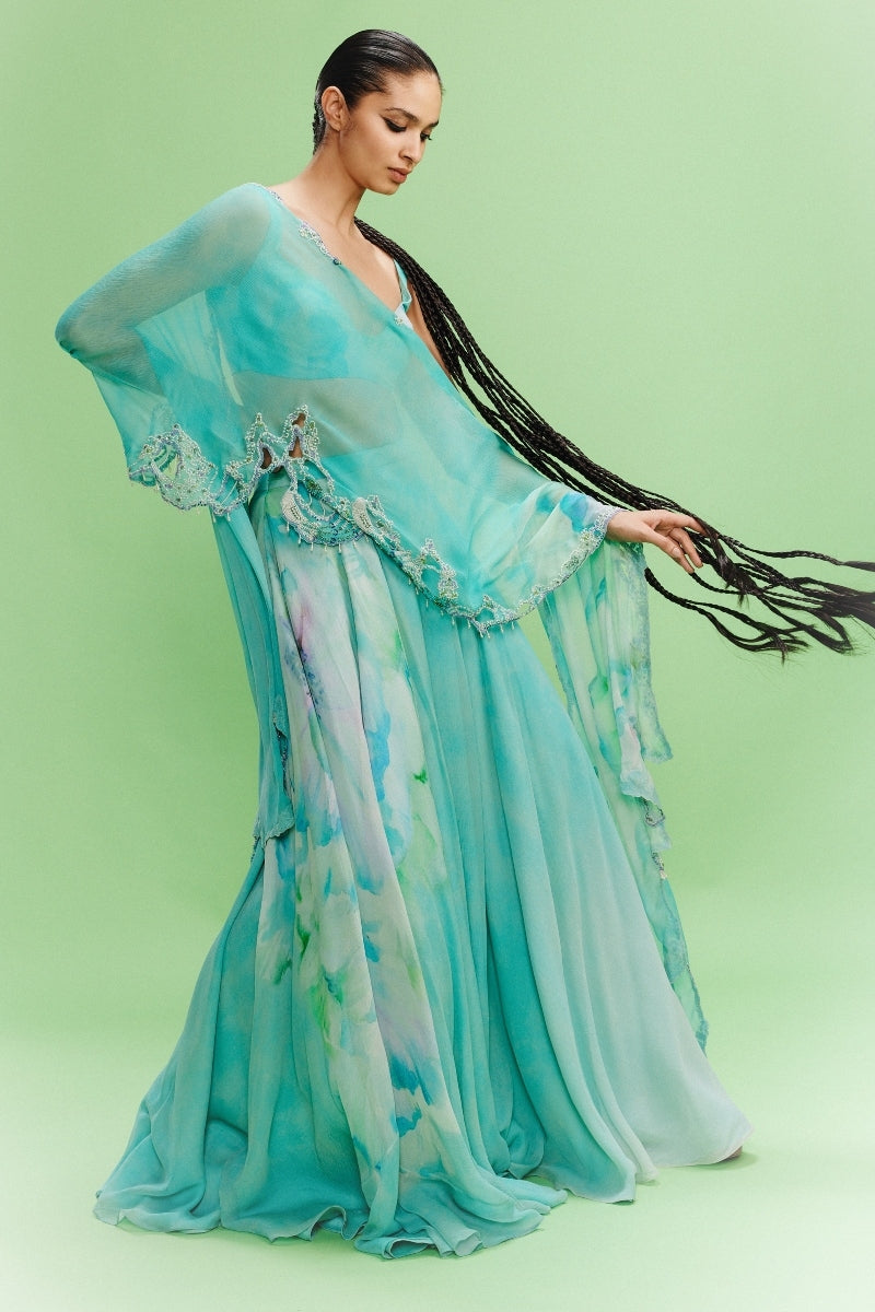 "Kalila" Chiffon Floral Sharara-Bustier and a Dupatta