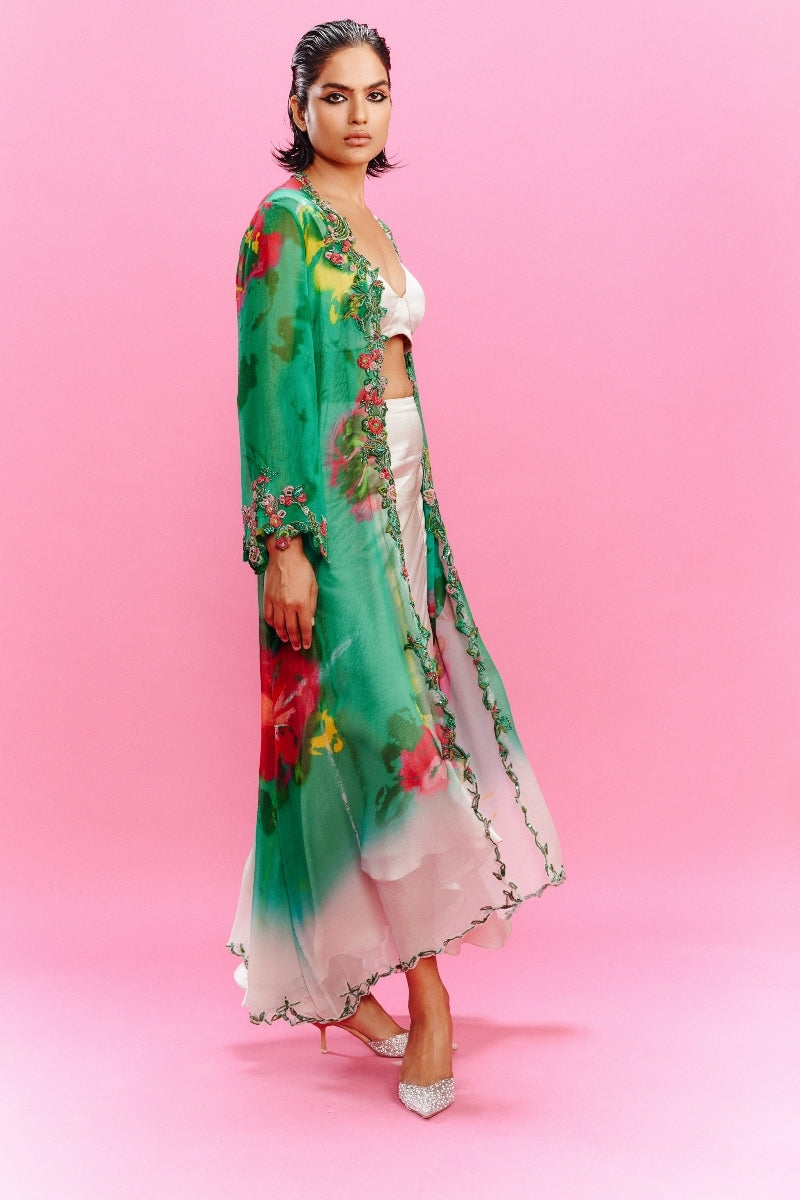 "Idika" Chiffon Printed Jacket with a Satin Skirt and Bustier