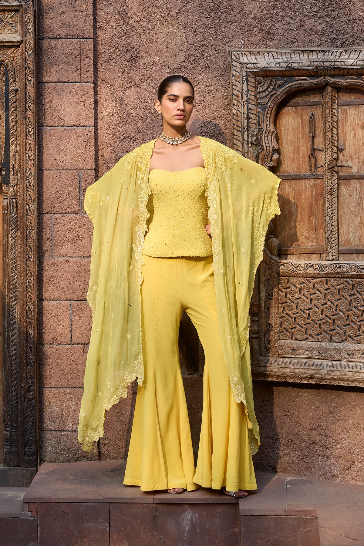 Jaune Corset Cape Chikankari Set