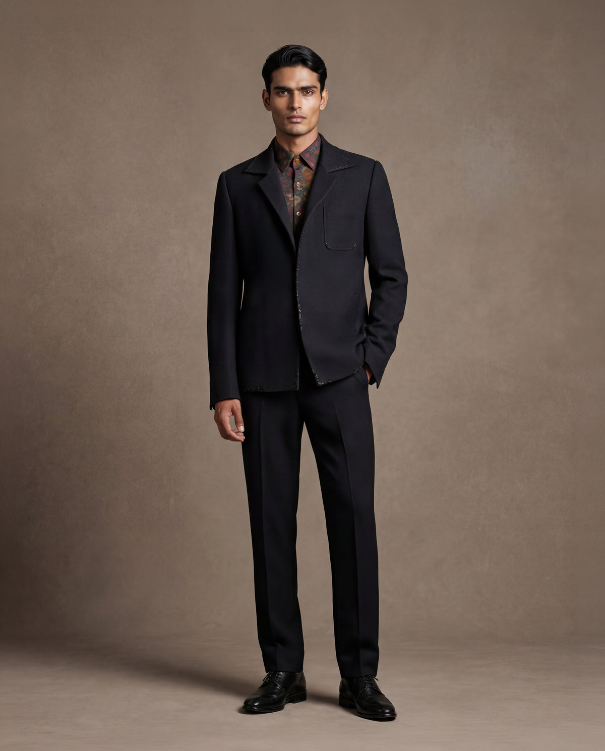 Navy Swarovski Open Jacket, Shirt & Pant Set