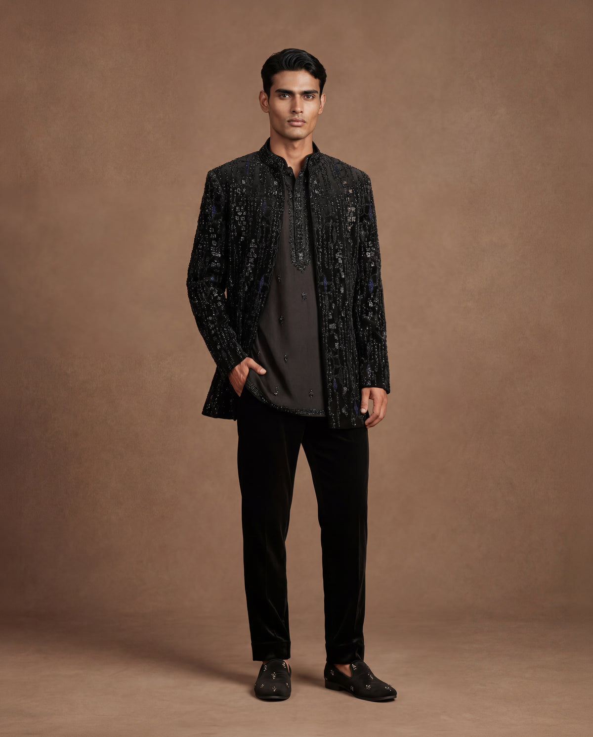 "Onyx Cascade Open Jacket, Kurta & Pant Set "