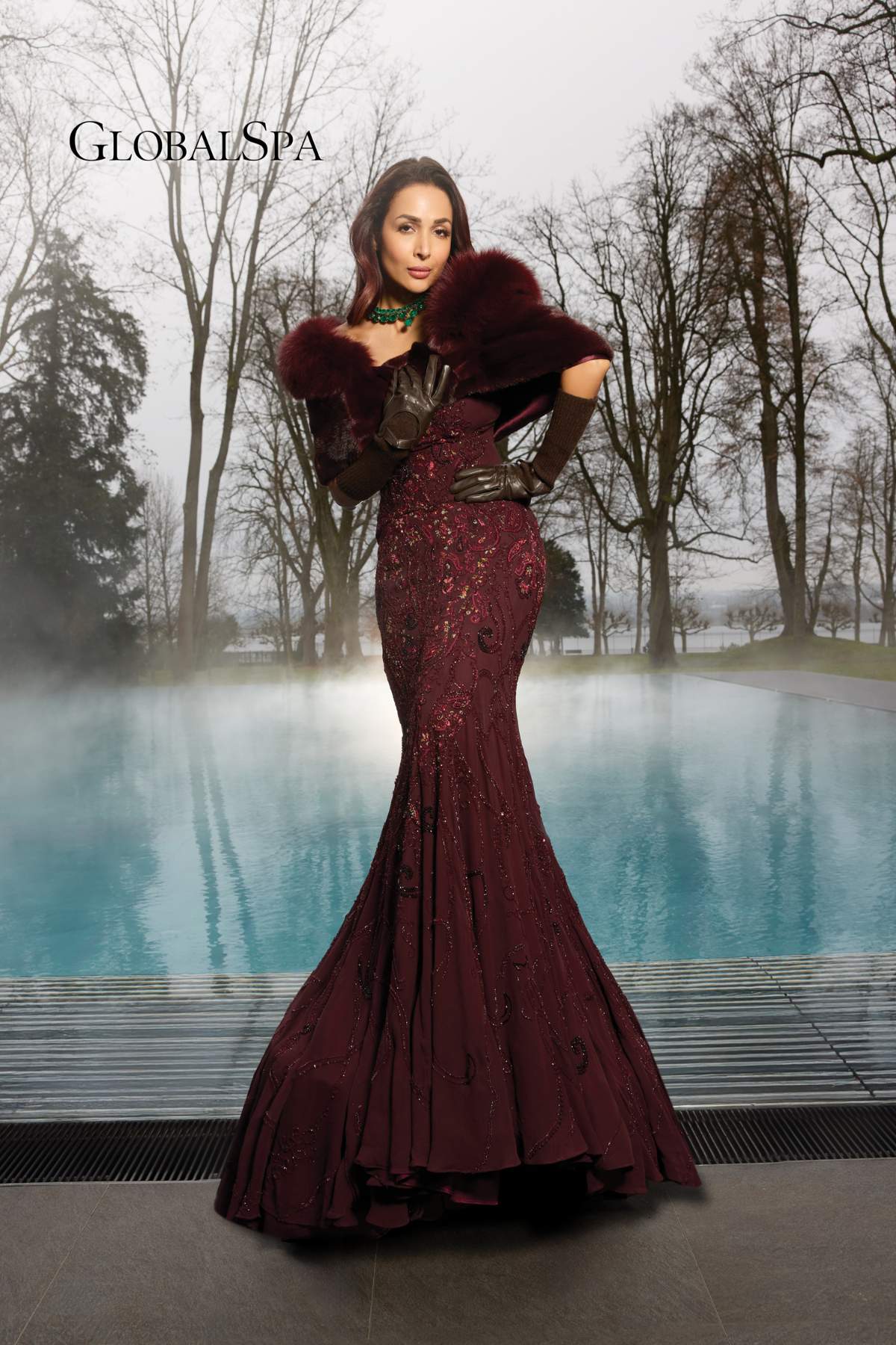 Malika Arora In Gilded Carmine Corset & Skirt Set with Cape Drape