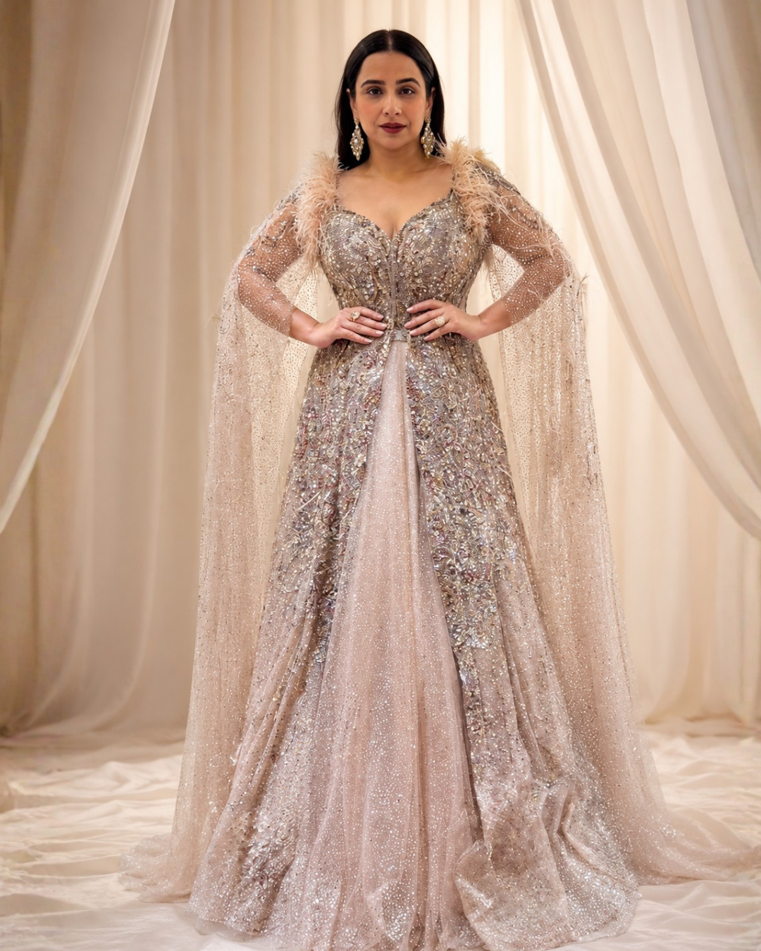 VIDYA BALAN in "Morning Dew" Silver Bridal Jacket Lehenga Set