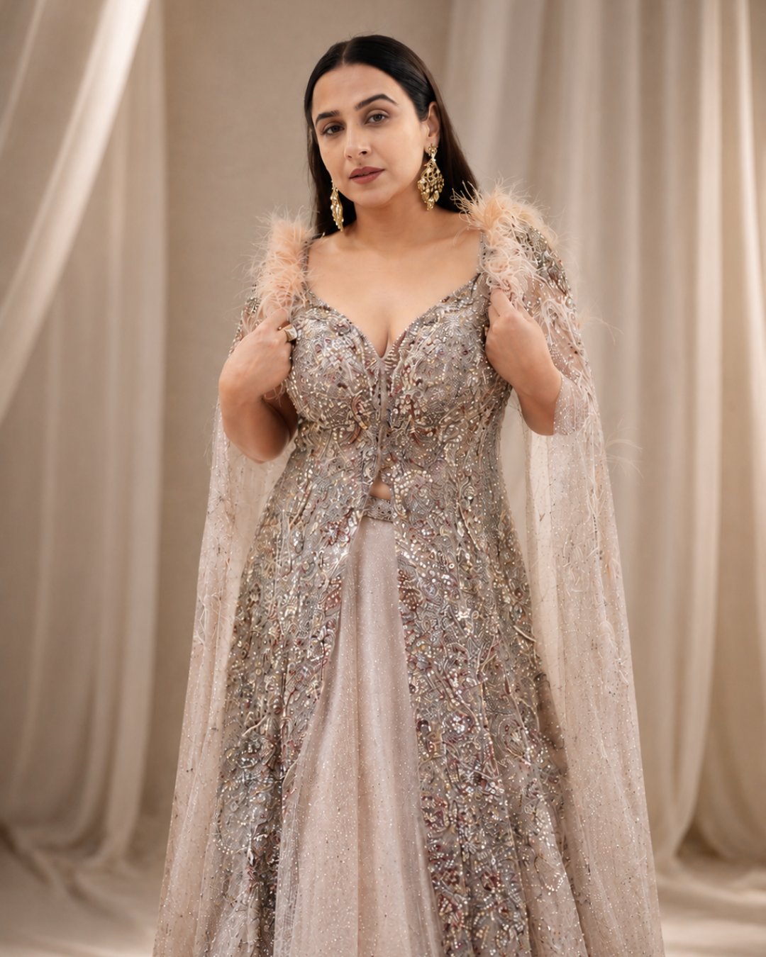 VIDYA BALAN in "Morning Dew" Silver Bridal Jacket Lehenga Set
