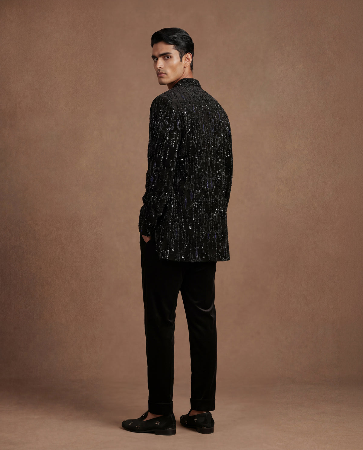 "Onyx Cascade Open Jacket, Kurta & Pant Set "