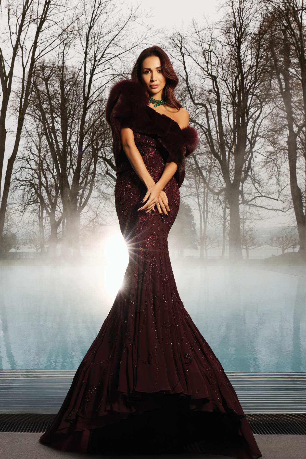 Malika Arora In Gilded Carmine Corset & Skirt Set with Cape Drape