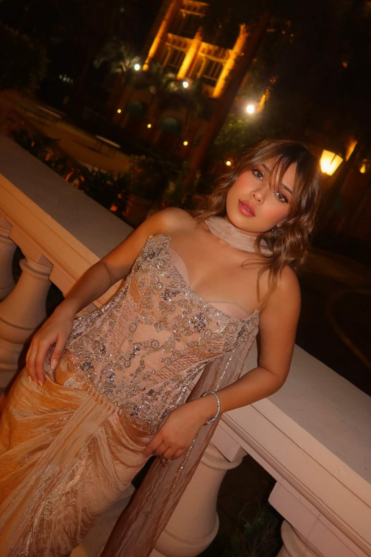 RIYA JAIN In Ember Rose Corset and Drape Skirt set with Dupatta