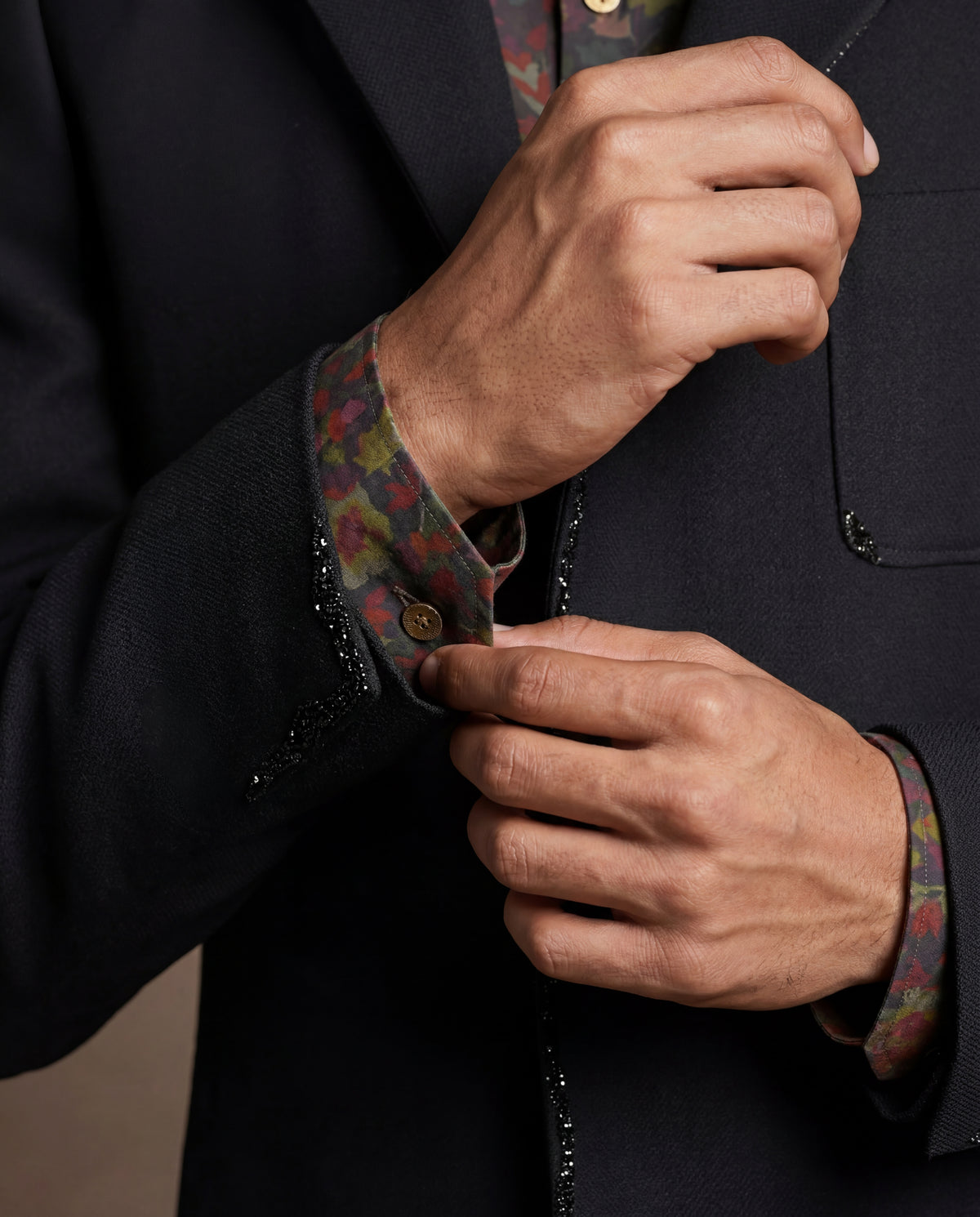 Navy Swarovski Open Jacket, Shirt & Pant Set