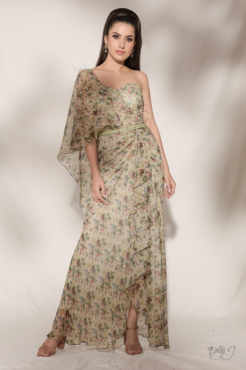 "Moanna" Printed Chiffon Draped Gown