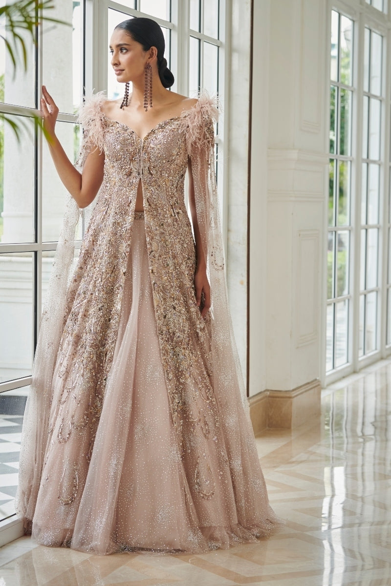 "Morning Dew" Silver Bridal Jacket Lehenga Set )