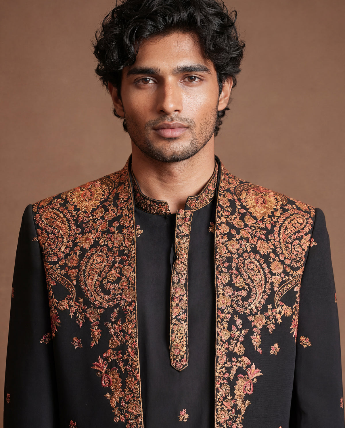 Noir Kashidakari Open Jacket, Kurta & Pant Set