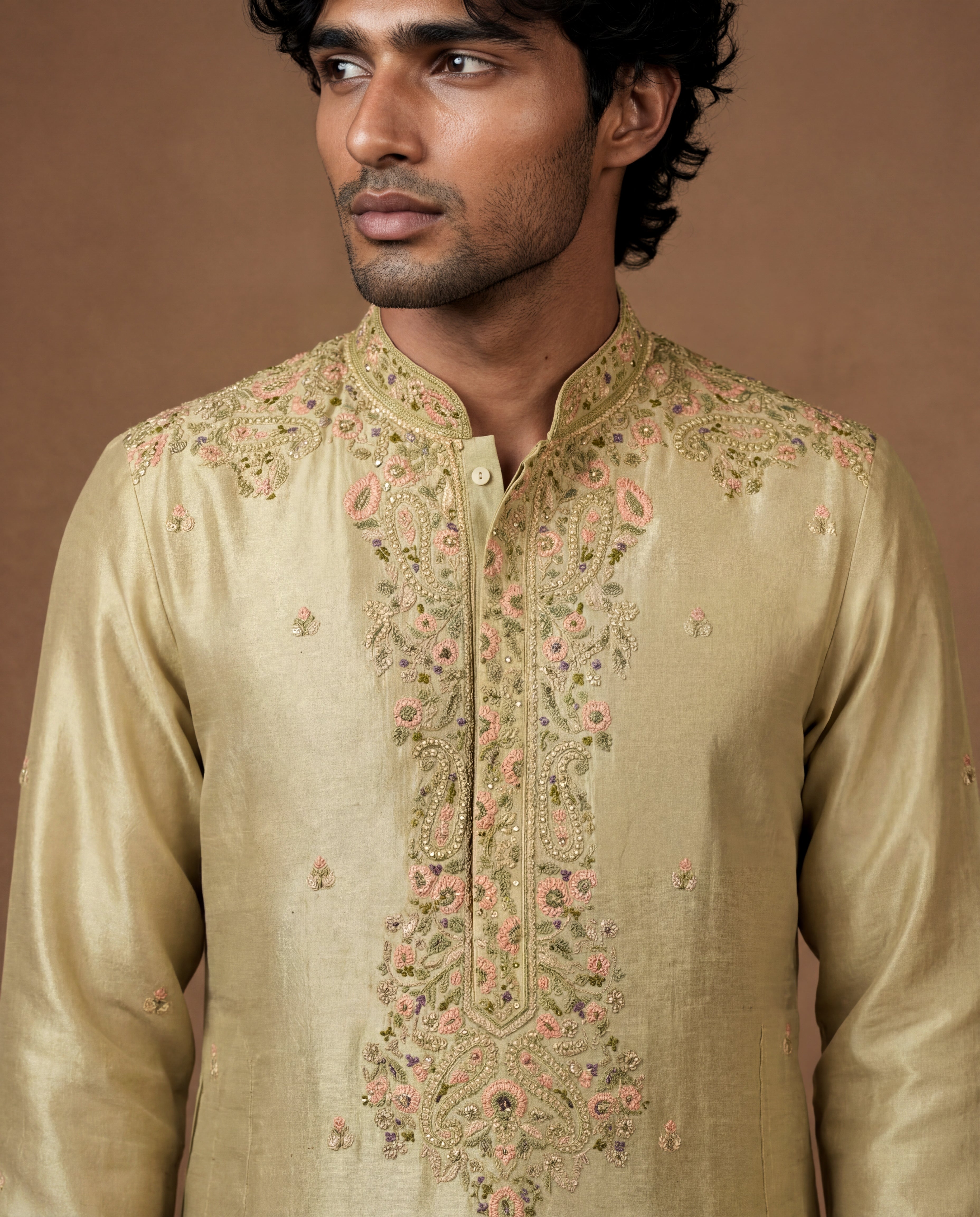 Mint Kashidakari Silk Kurta Set with Stole