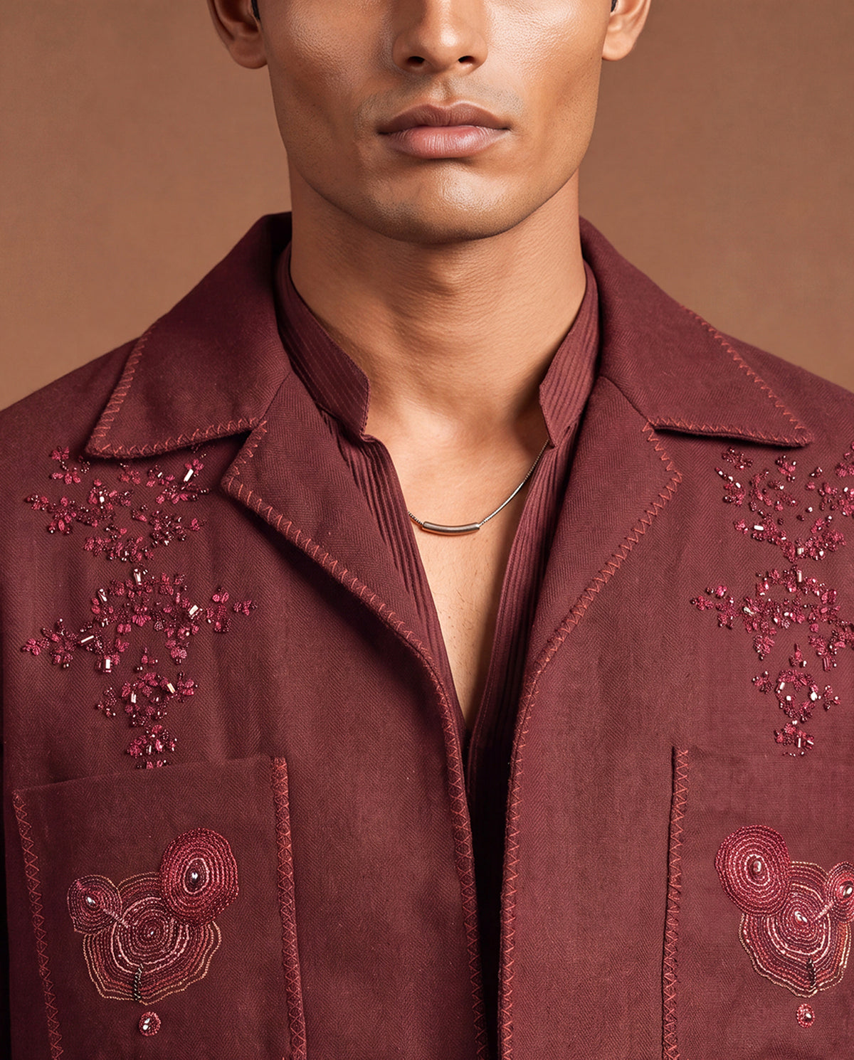 Burgundy Noir Open Jacket, Shirt & Pant Set