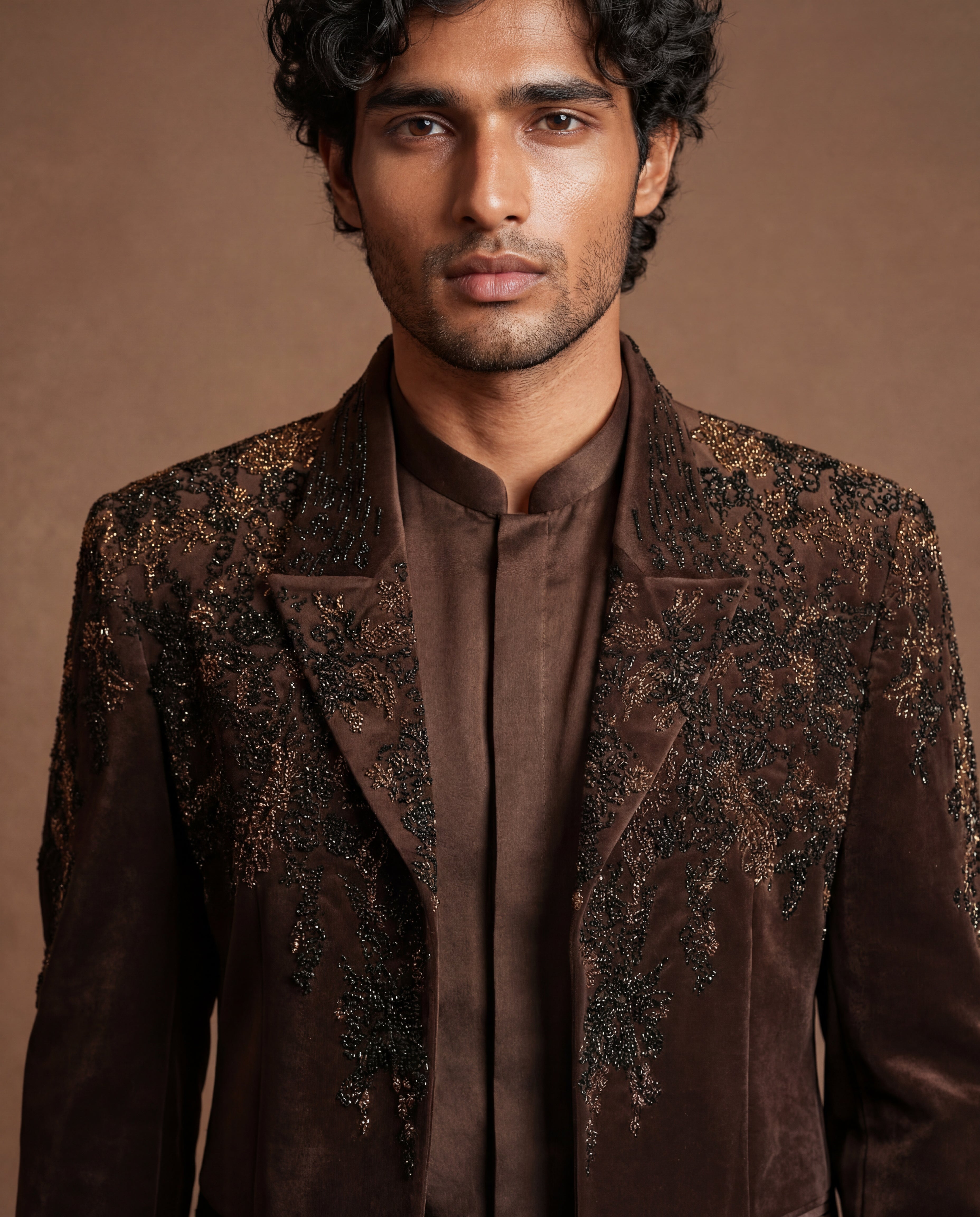 Mocha Topaz Open Jacket, Shirt & Pant Set