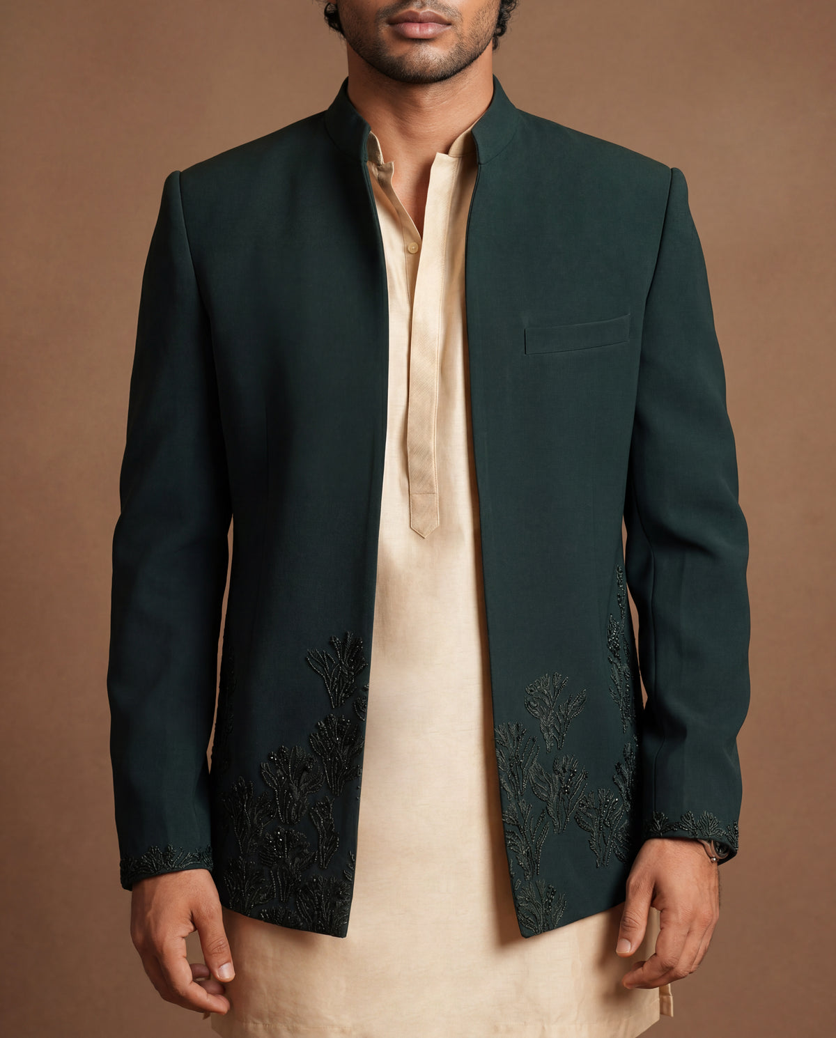 Emerald Reverie Open Jacket, Kurta & Pant Set