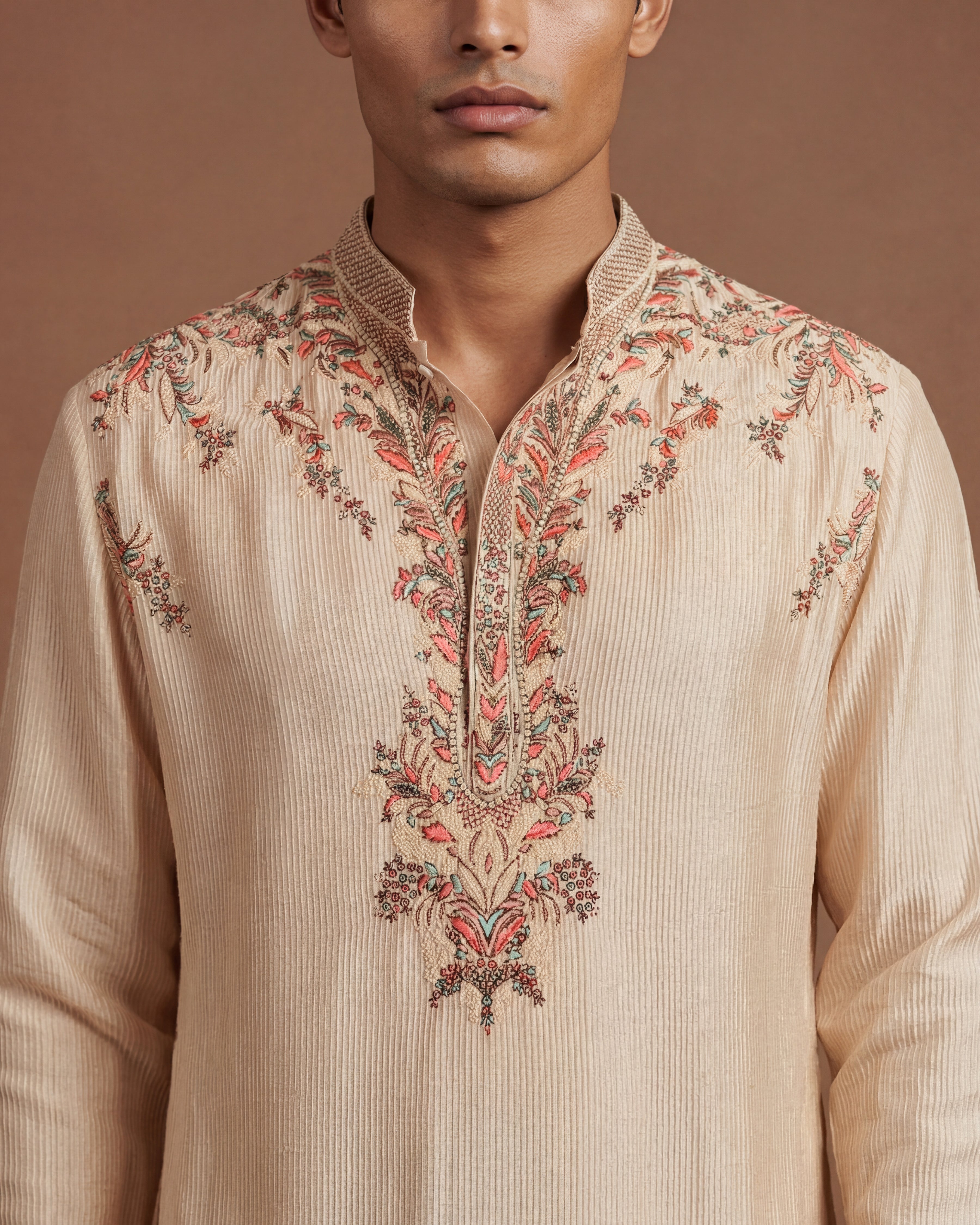 Ivory Pintuck & Pearl Kashidakari Silk Kurta Set