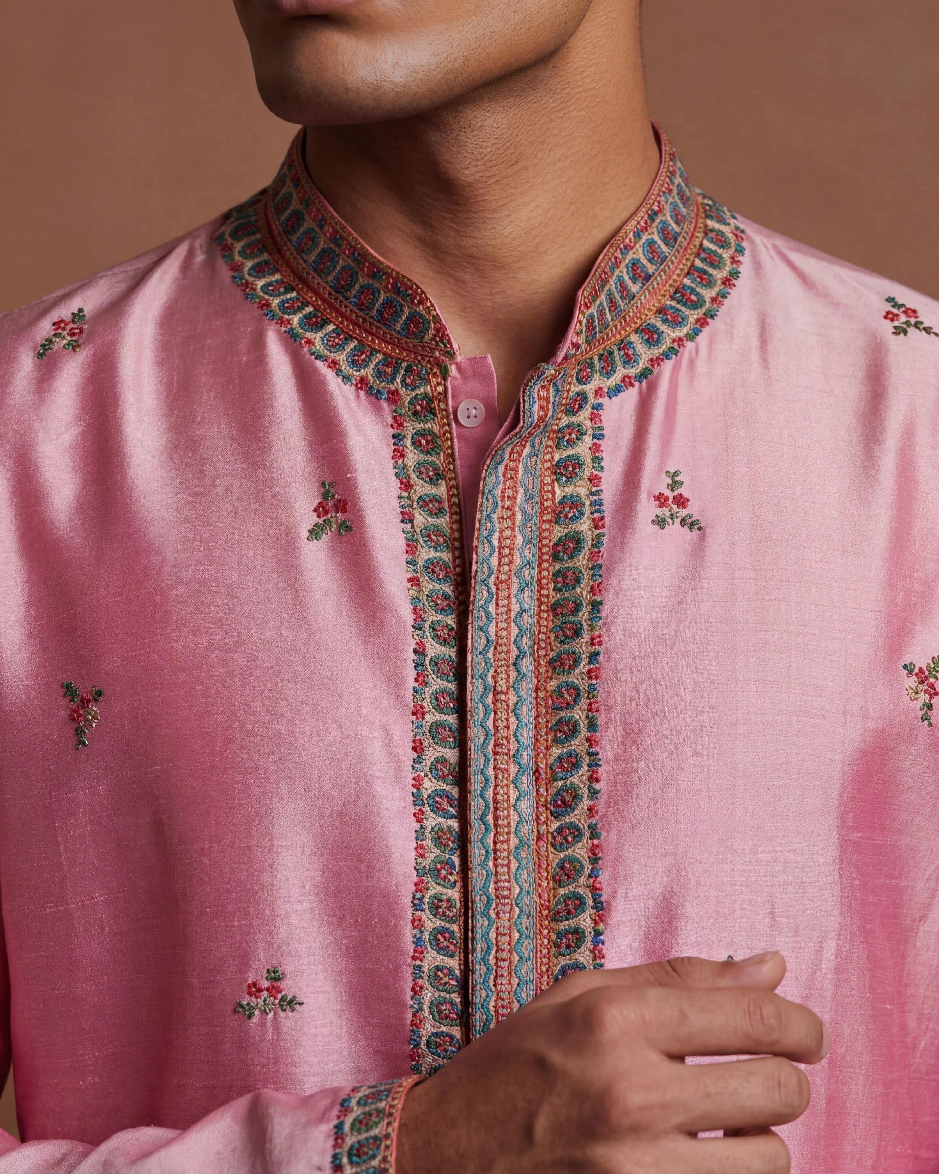 Pink Kashidakari Silk Kurta & Trouser Set