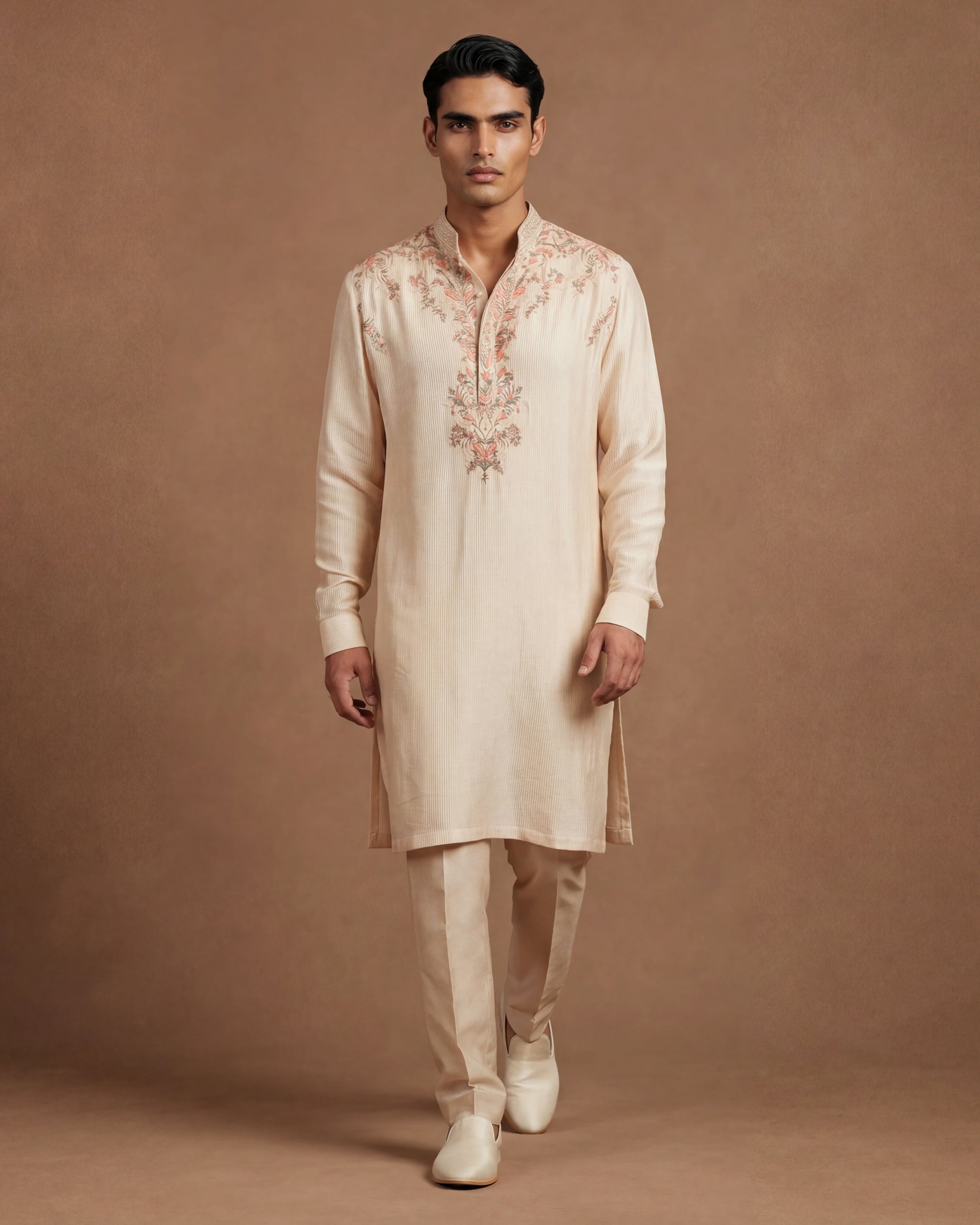 Ivory Pintuck & Pearl Kashidakari Silk Kurta Set