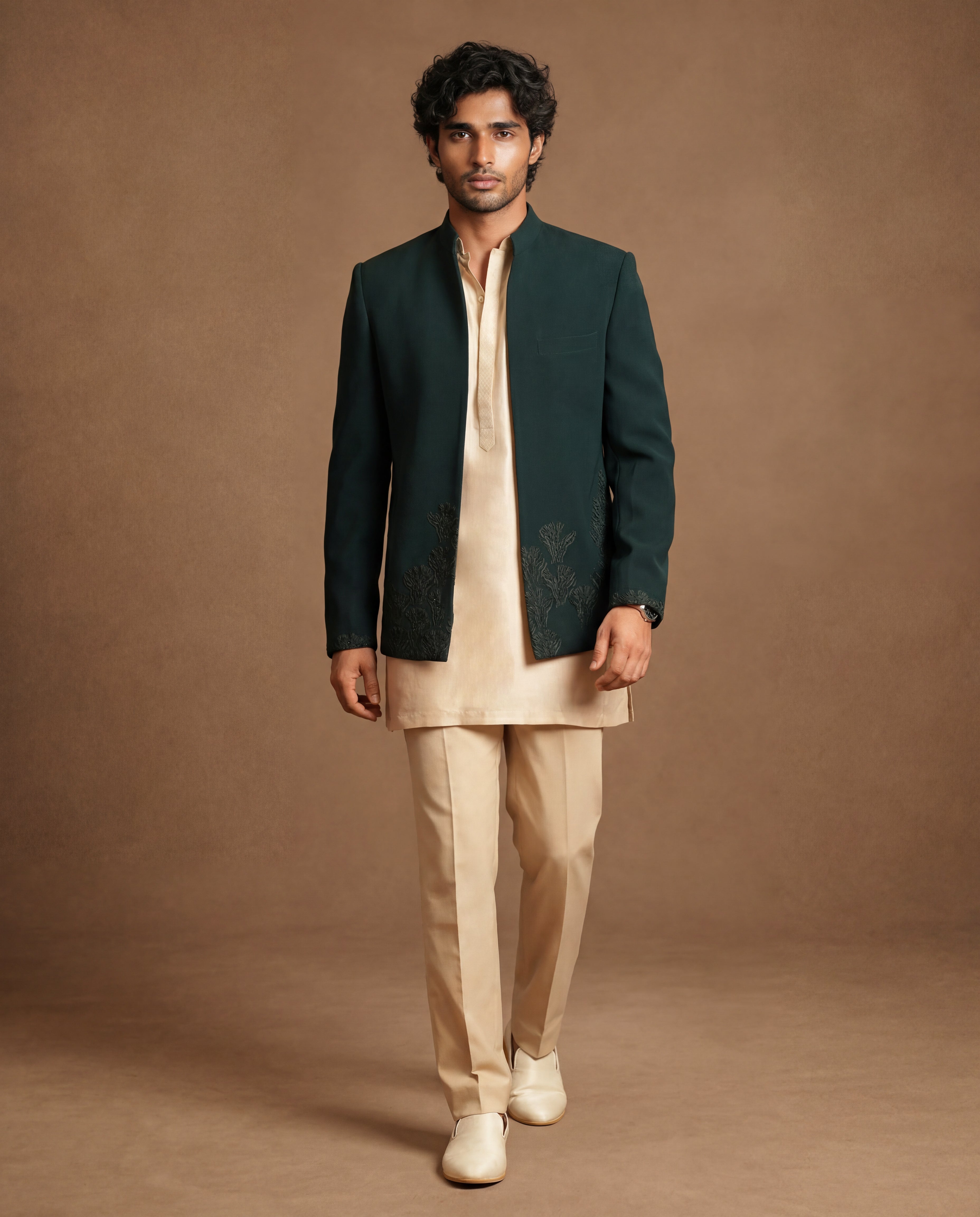 Emerald Reverie Open Jacket, Kurta & Pant Set
