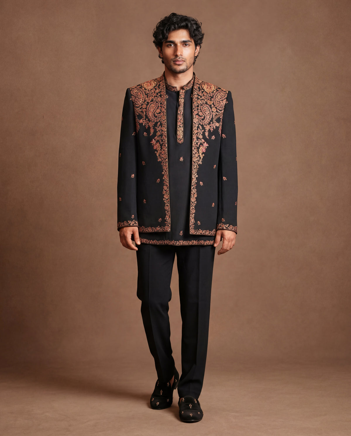 Noir Kashidakari Open Jacket, Kurta & Pant Set