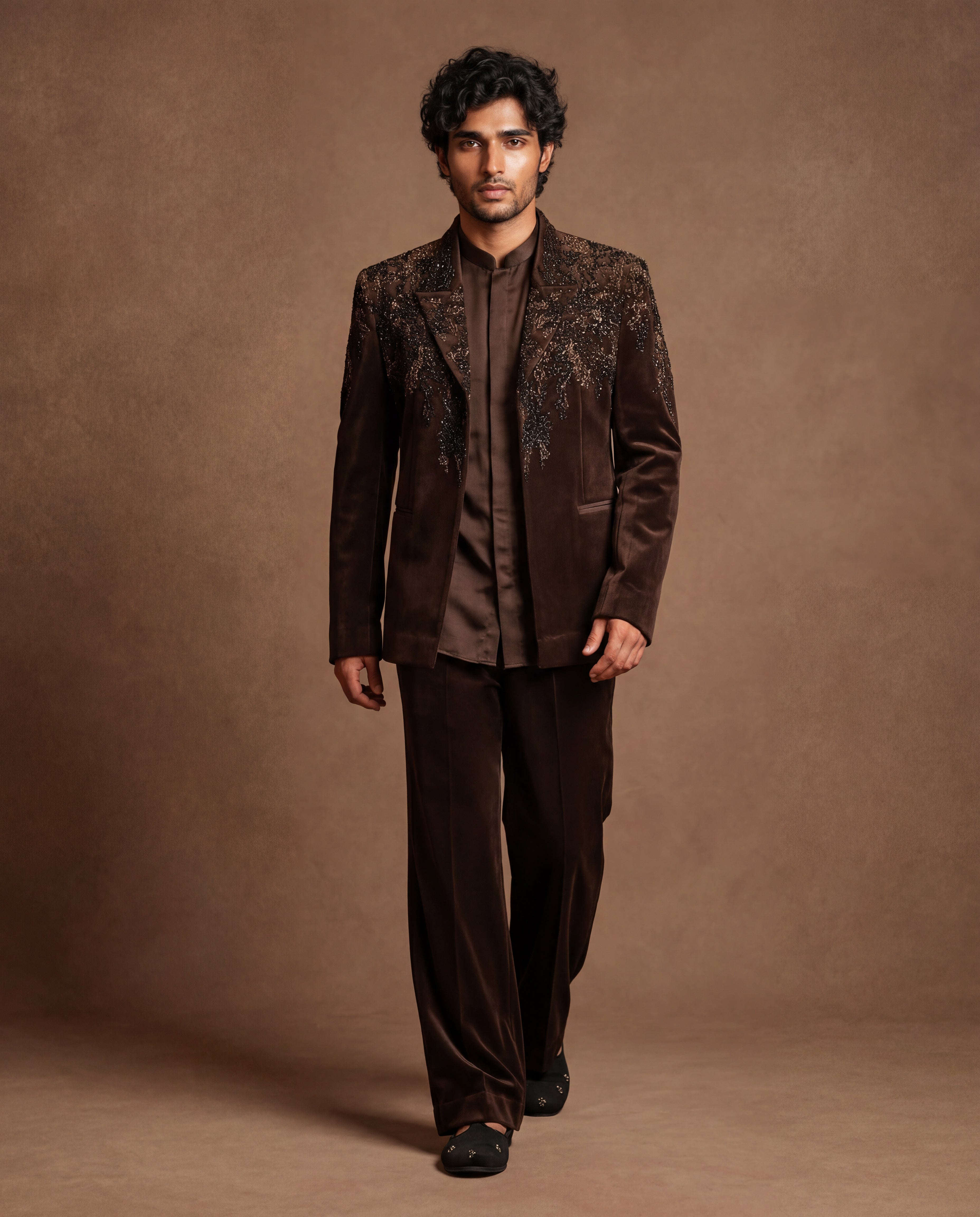 Mocha Topaz Open Jacket, Shirt & Pant Set