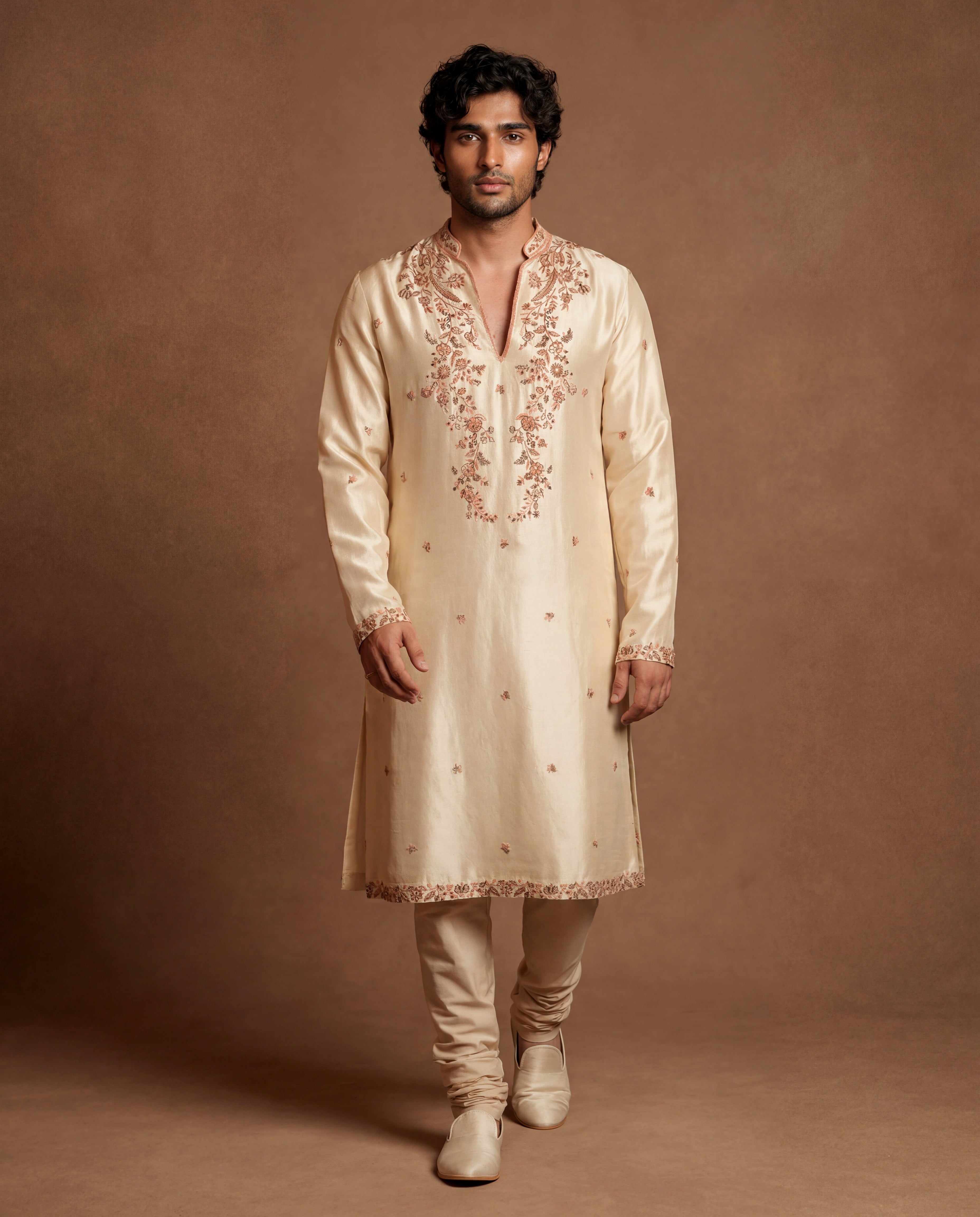 Ivory Kashidakari Silk Kurta Set