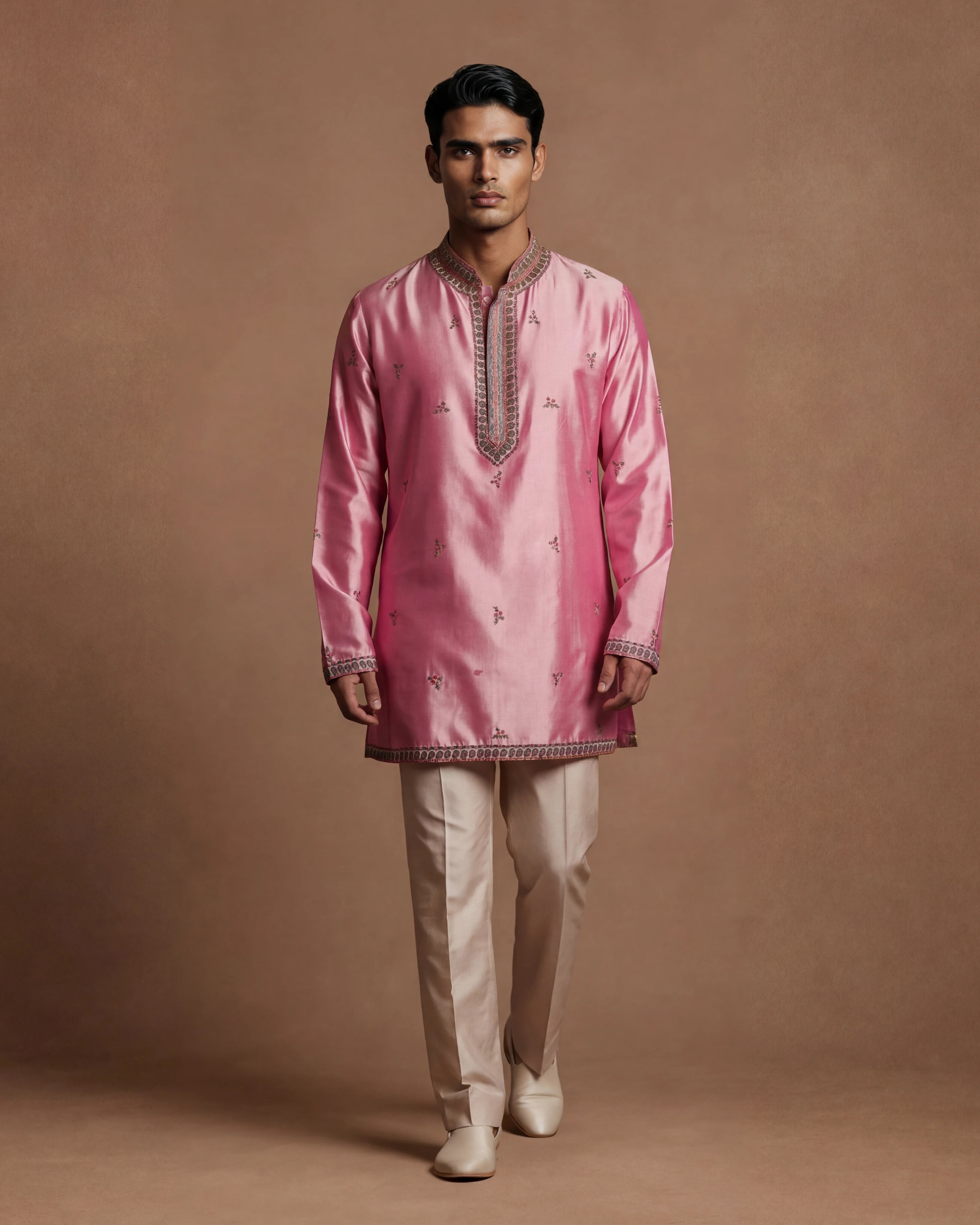 Pink Kashidakari Silk Kurta & Trouser Set