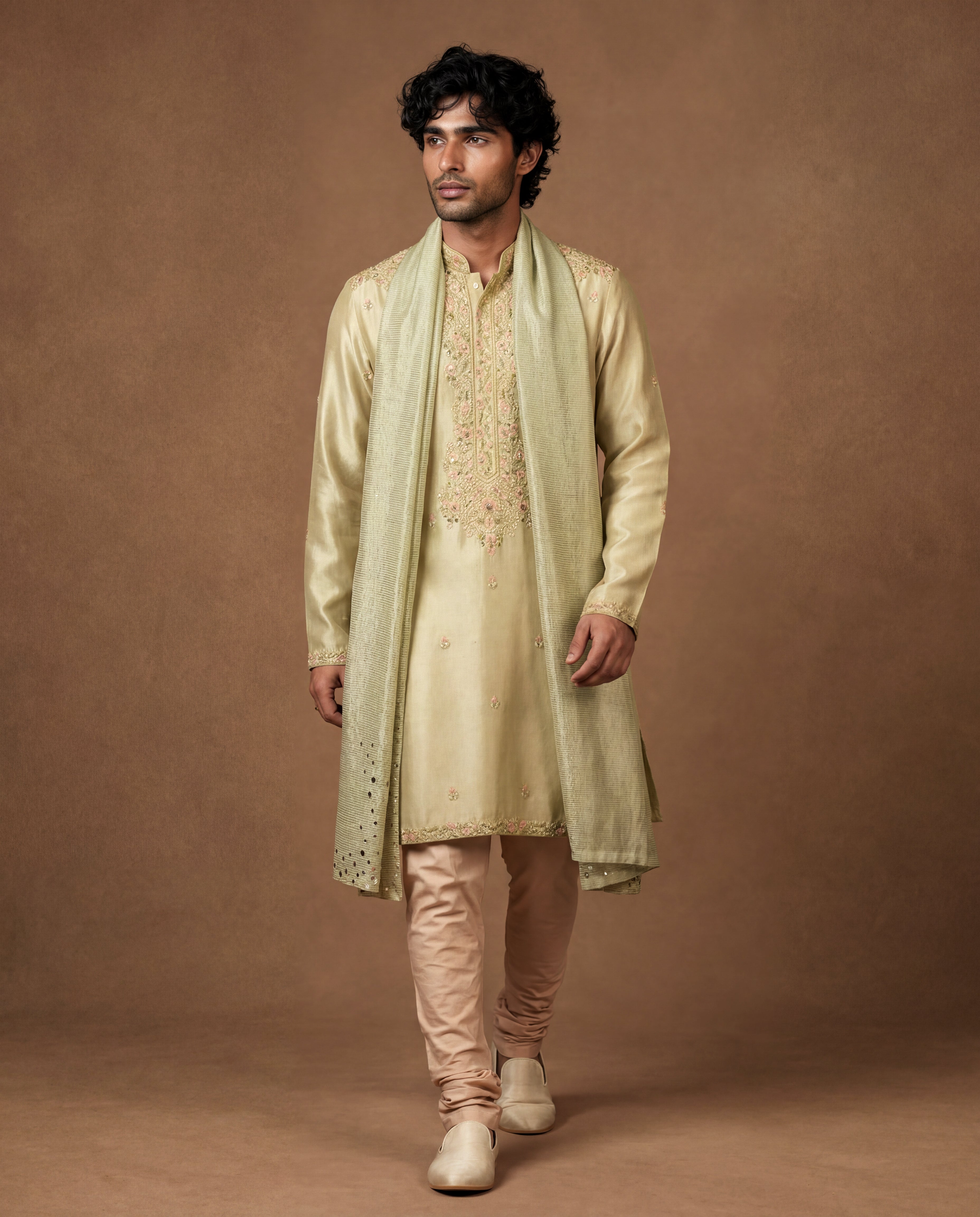 Mint Kashidakari Silk Kurta Set with Stole