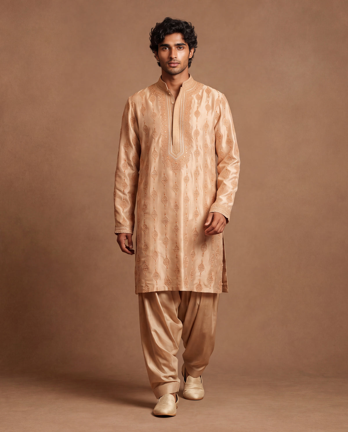 Beige Emboidered Silk Kurta & Salwar Set