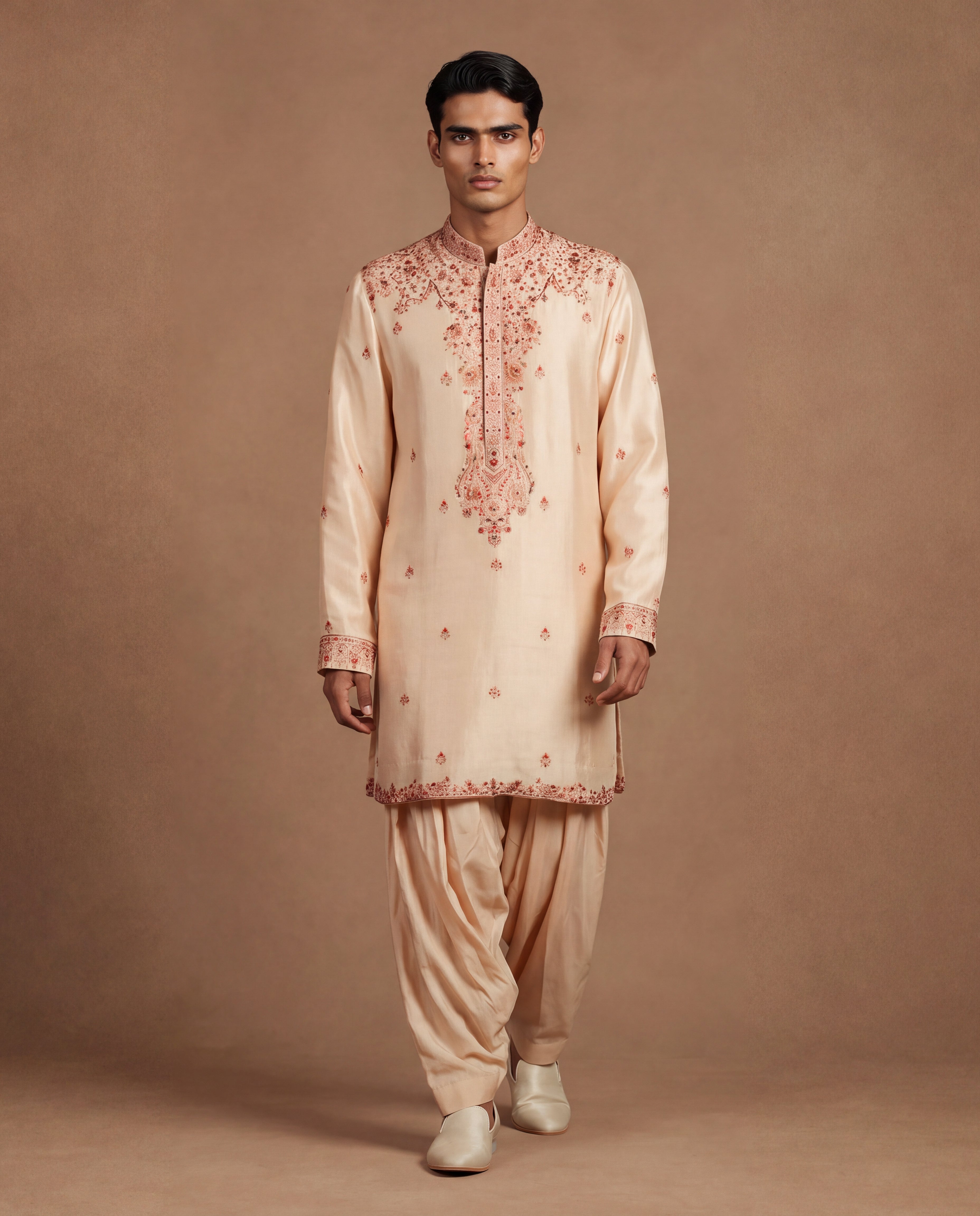 Bisque Kashidakari Silk Kurta & Salwar Set
