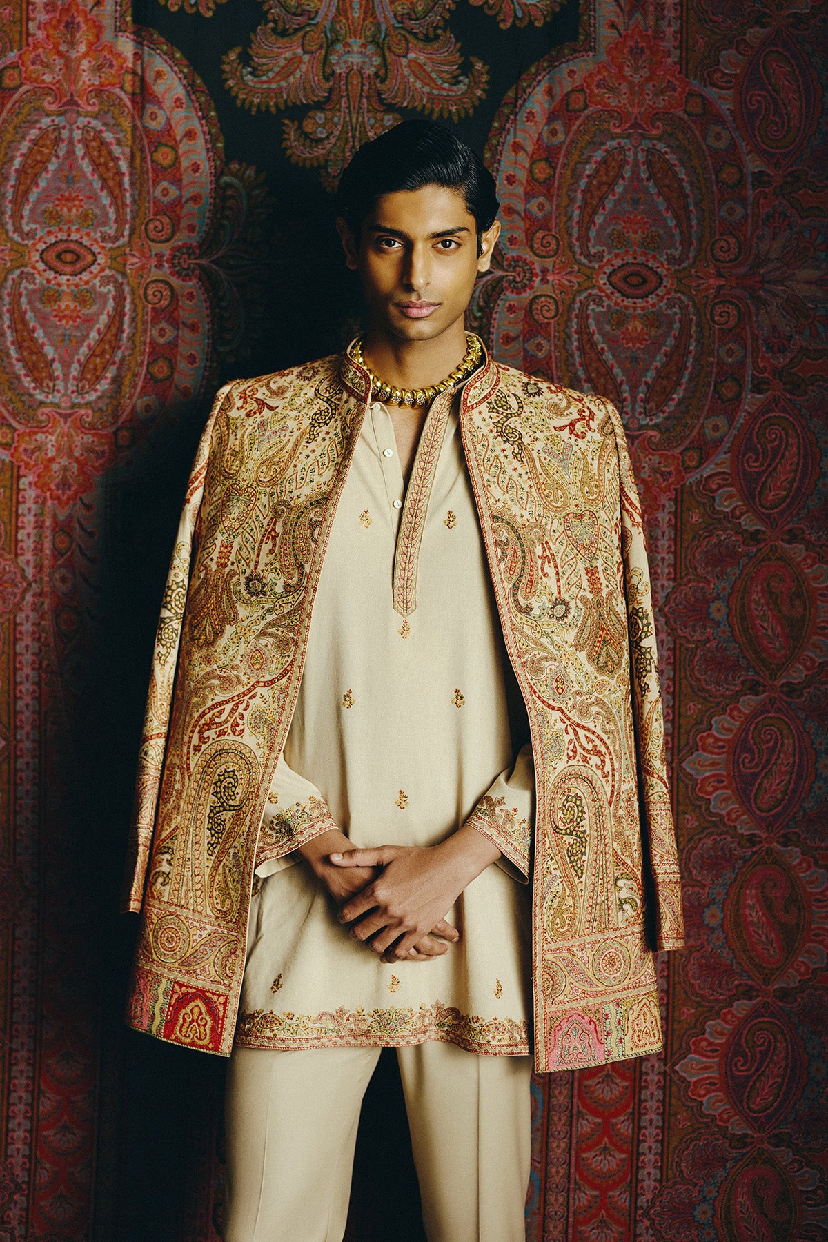 Saffron Kashida Open Jacket with Short kurta and Trouser set