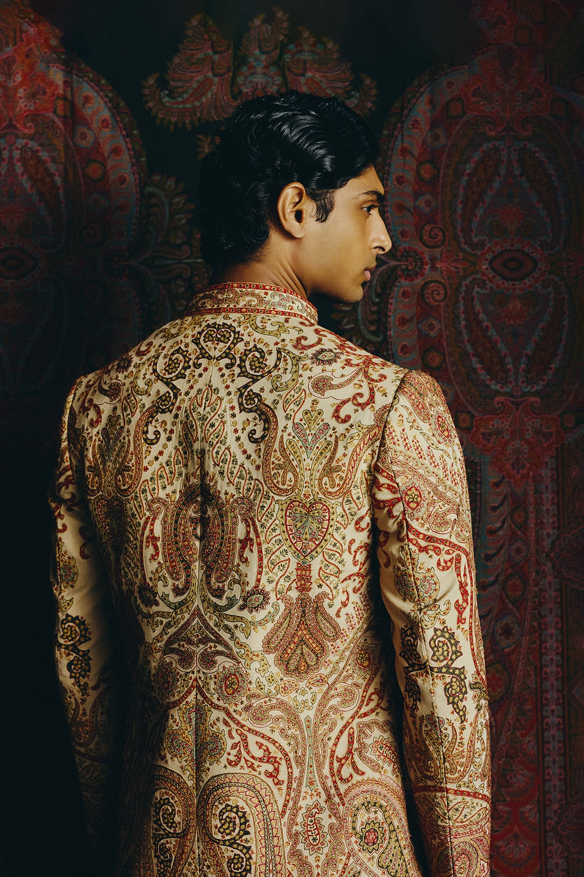 Saffron Kashida Open Jacket with Short kurta and Trouser set