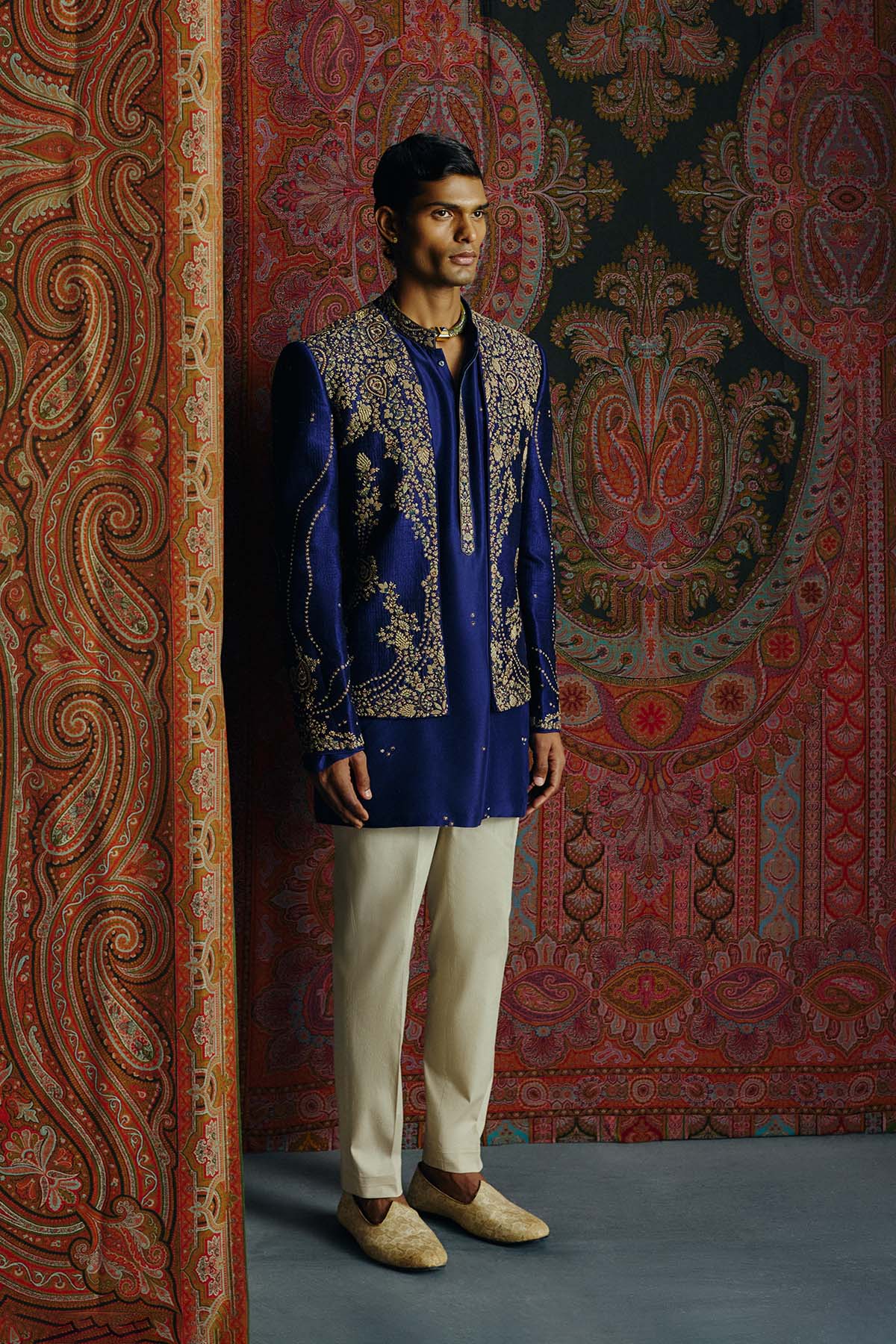 Blue Heritage Open Jacket with Kurta & Pant Set