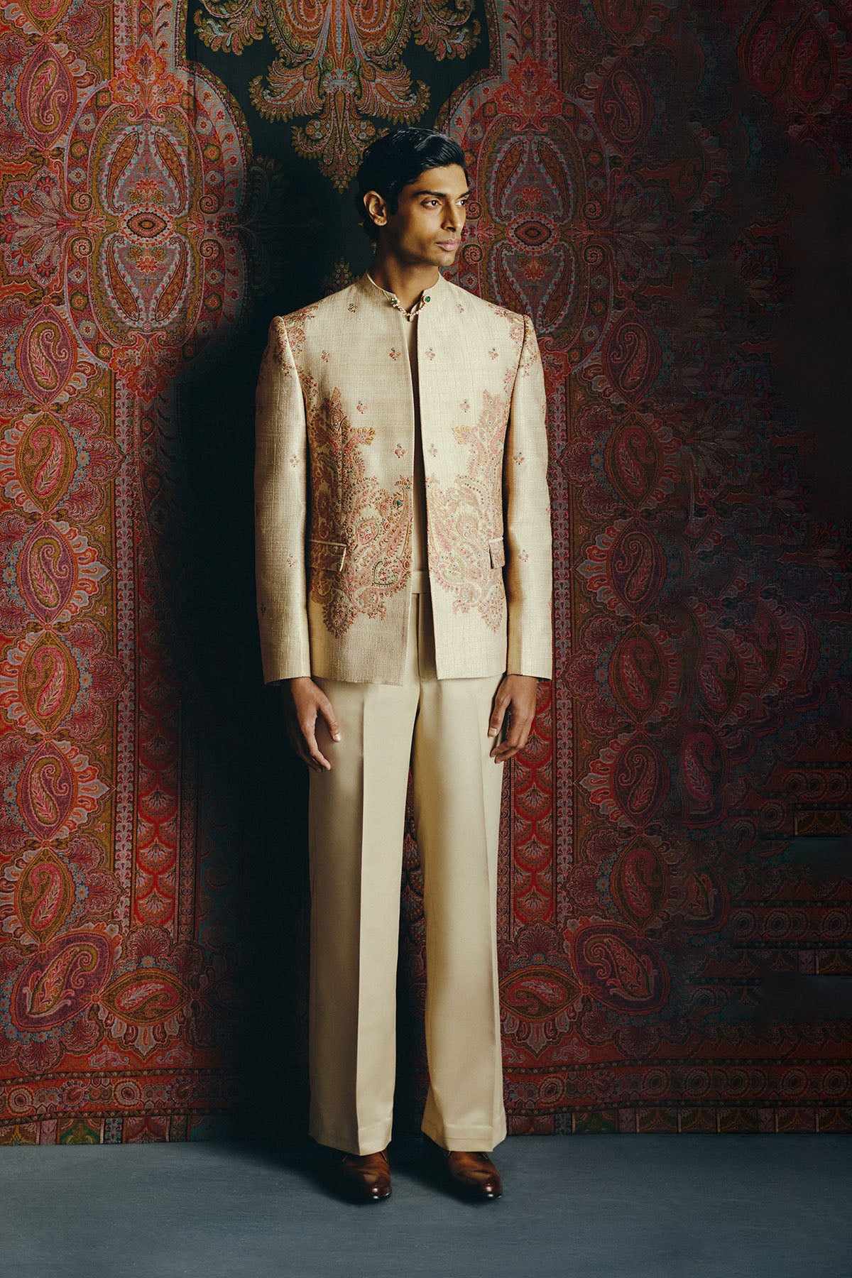 Nocturne Kashida Open Jacket with Shirt & Pant Set