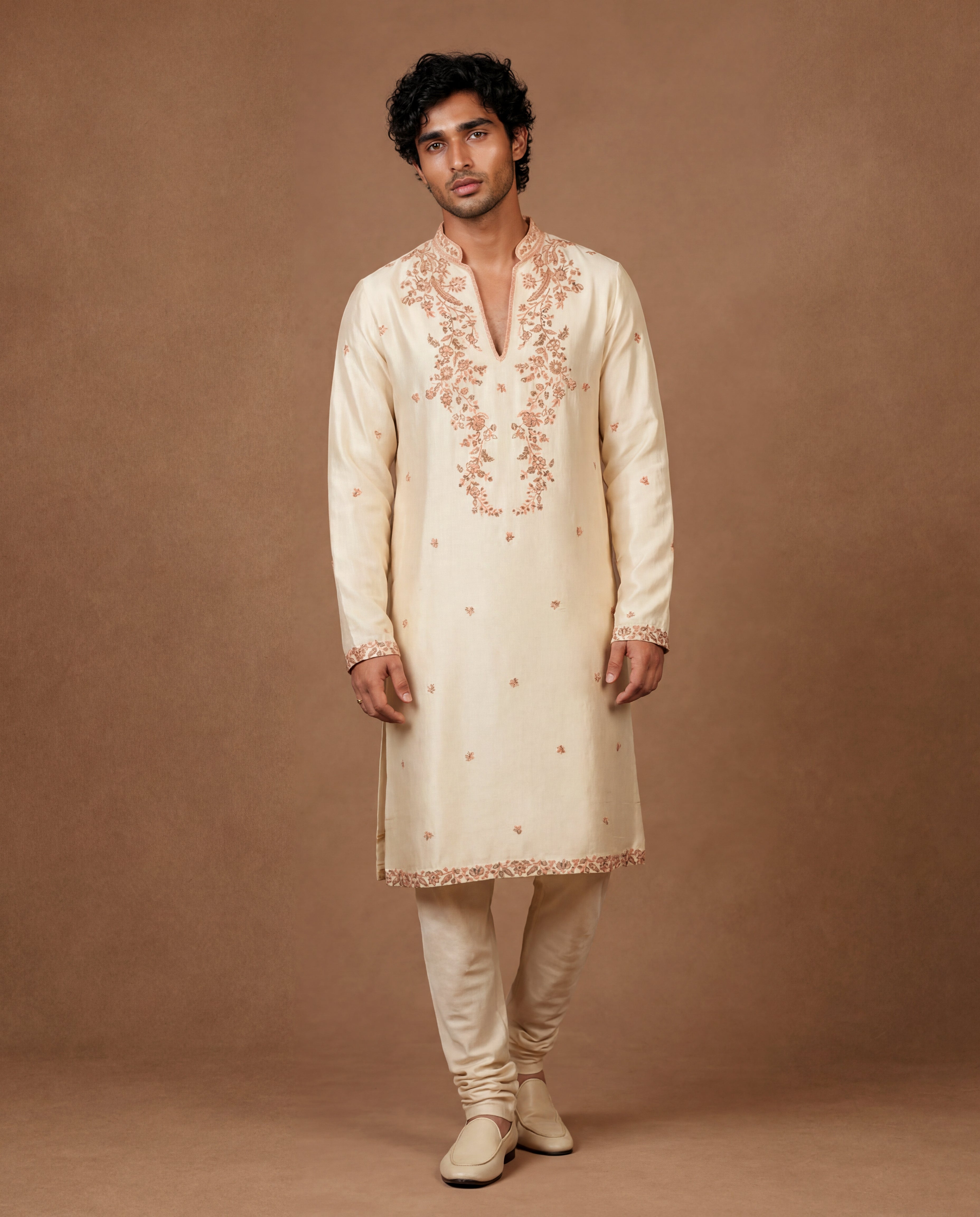 Ivory Kashidakari Silk Kurta Set